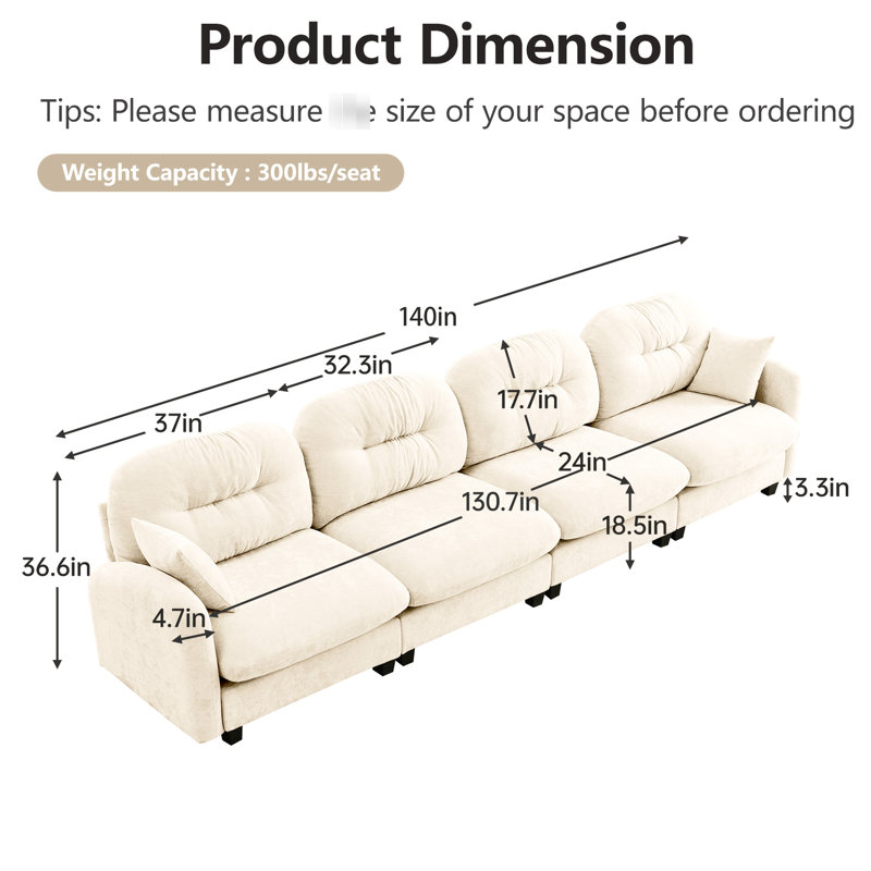 Canapé modulaire à quatre places en chenille beige, siège, conception plissée, 2 coussins décoratifs pour espaces de lecture, canapé modulaire en chenille, tissu froissé, coussins, convient aux espaces de vie
