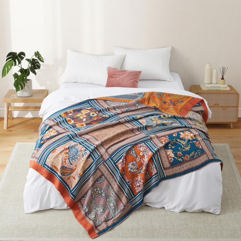  Jeté 100% coton Boho, Bleu / multicolore