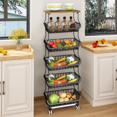 Panier de fruits et légumes à 6 niveaux pour la cuisine avec plateau en bois, panier de rangement, bacs à légumes pour les oignons et panier de rangement avec panier de rangement. Noir