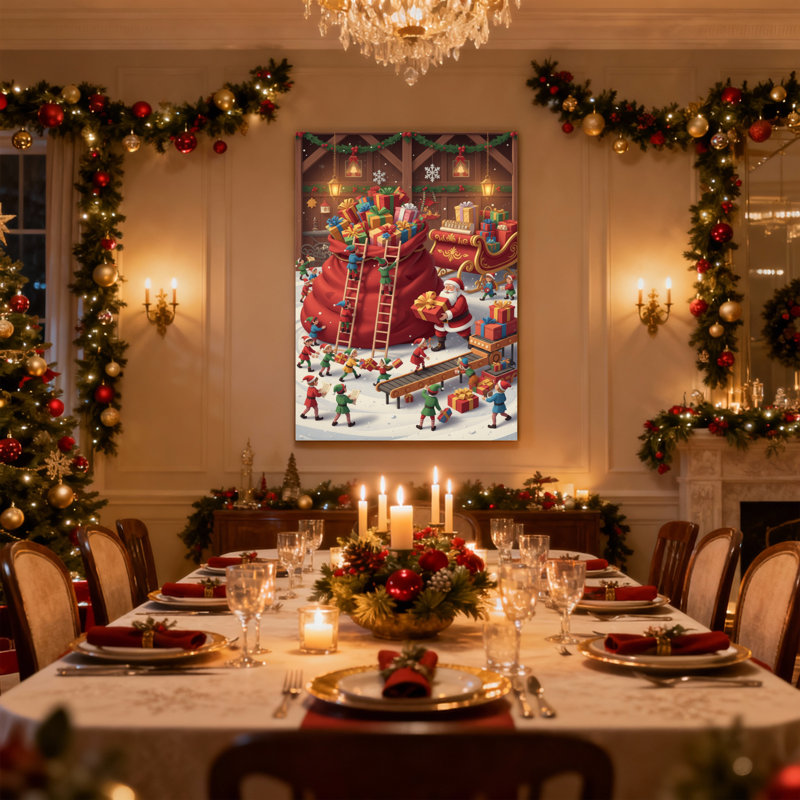 Ensemble de 3 reproductions d'art sur toile de Noël, père Noël, lutins et atelier de Noël, H 30 po x l 20 po