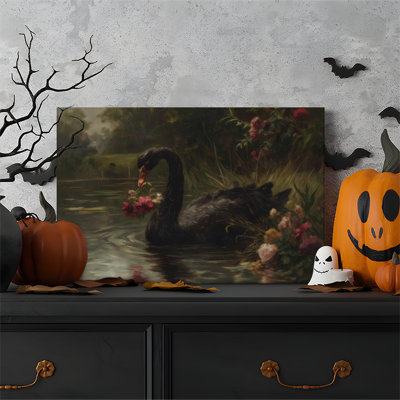 Tableau sur toile encadré (1 pièce), représentant un cygne noir mélancolique vintage avec des fleurs sur un lac. Parfait pour décorer un salon, une chambre à coucher, un bureau, une salle de bain, une chambre d'étudiant ou toute autre pièce de la maison. Prêt à accrocher.