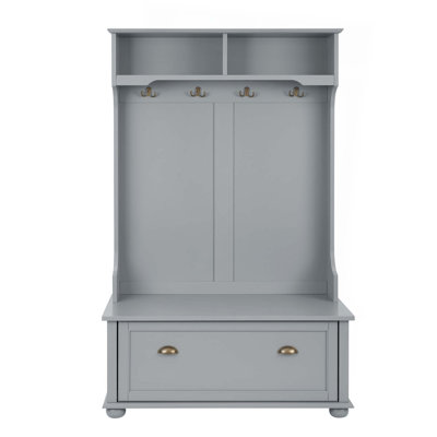 Classic Cosatal Style Hall Tree Entryway Bench With Open Shelves And Shoe Cabinets,Solid Wood Feet