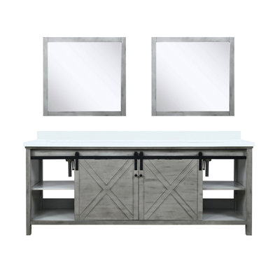 Double Bath Vanity Ash Grey 85.53 In. W - Cultured Marble Top, 34 Mirrors, And Spacious Interior 84 Countertop, Two Cabinets