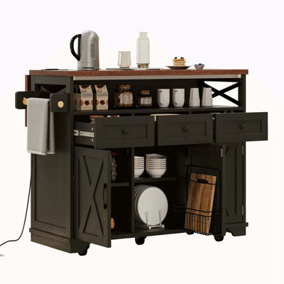 Îlot de cuisine de 46,5 po avec rideau de perles, prise de courant, chariot de cuisine sur roulettes avec abattant, 3 portes, 3 tiroirs et tablette interne en fer, pour la cuisine, la salle à manger