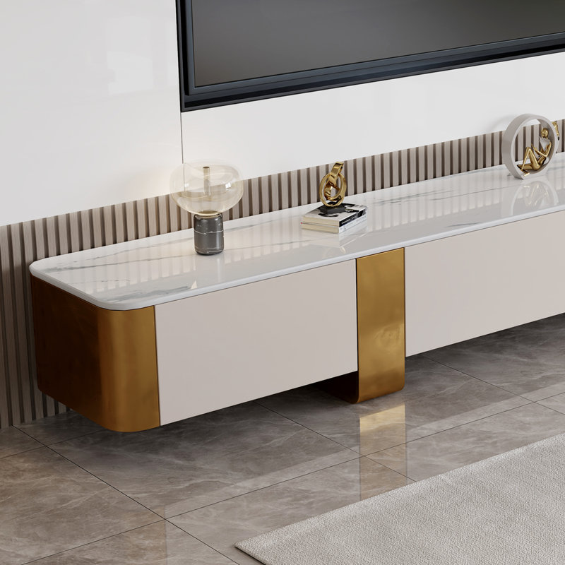 78.7" Luxury Modern TV Stand with Gold Accents, Marble Top, and 4 White Storage Drawers
