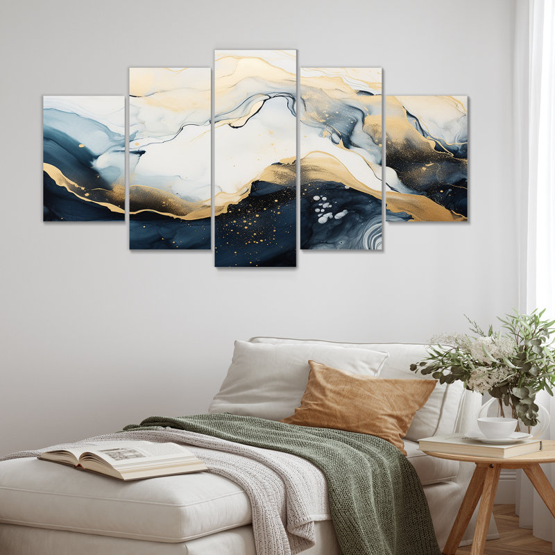 Encre de marbre abstraite dorée et bleue II - ensemble d'art mural abstrait à multiples panneaux en marbre