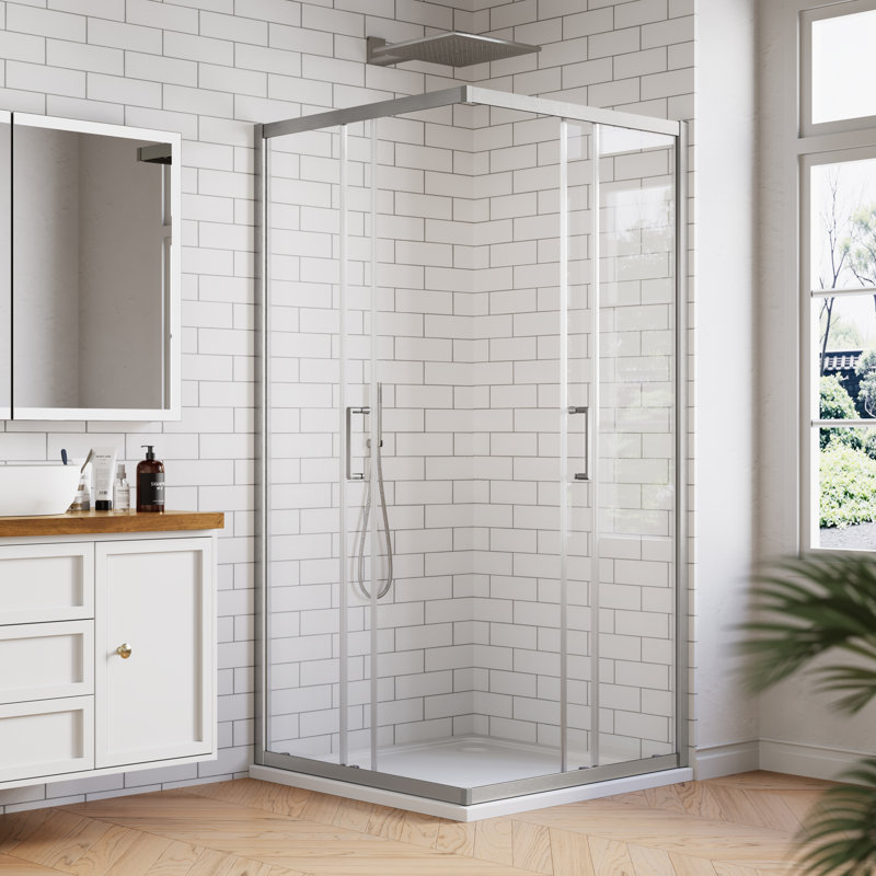 36 In. W X 72 In. H Square Double Sliding Framed Corner Shower Enclosure In Brushed Nickel With 1/4 In. Clear Glass
