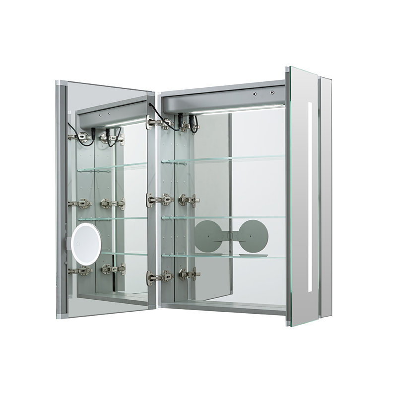 Armoire à pharmacie avec désembueur à DEL Muscogee l 36 po x H 30 po x P, prises électriques, horloge numérique, gradateur, miroir grossissant 3X à DEL réglable