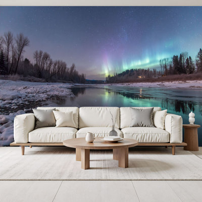 Aurora Peel and Stick Wallpaper Aurora Borealis Reflecting Ice Snow Covered Trees Wall Murals 69"H x 96"W Removable PVC Wall Paper Self-Adhesive Wall Decor for Bedroom Living Room Home Office