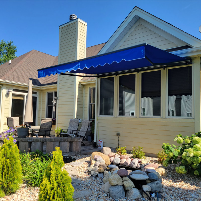 ALEKO Motorized Retractable Outdoor Awning with White Frame, Blue, 10' W x 8' D