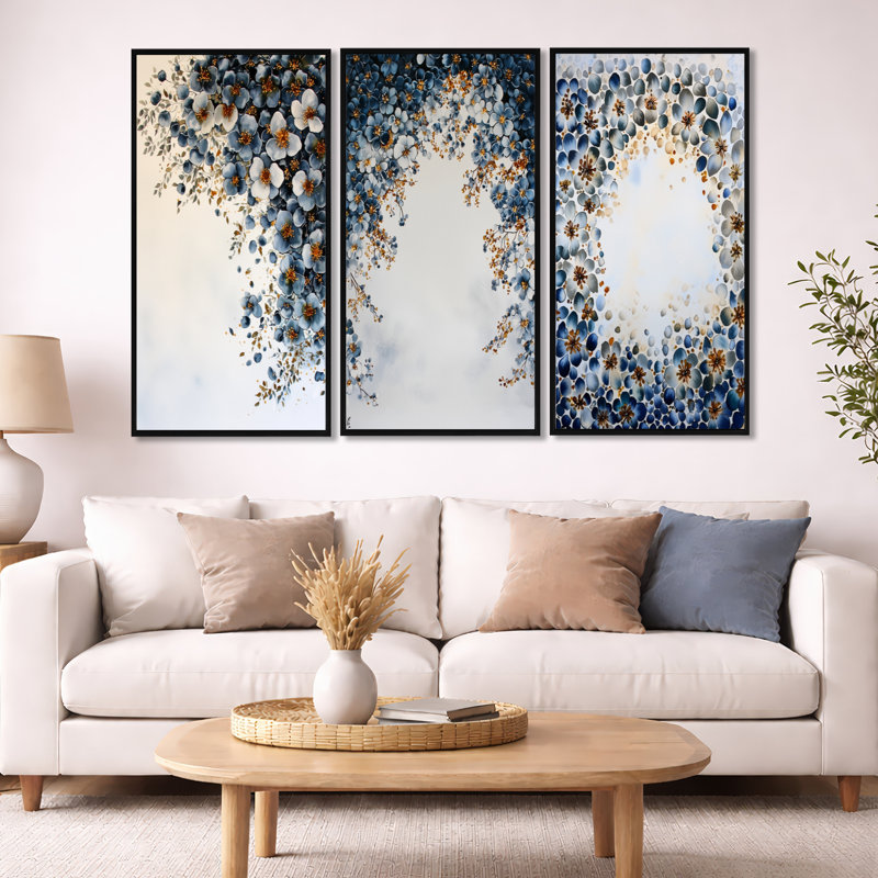«Botanical Celestial Bloom in Winter», ensemble d'art mural sur toile encadré botanique abstrait bleu, 32" H x 48" W