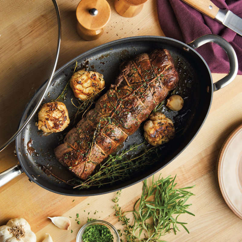 Rachael Ray Hard Anodized Nonstick Cookware Oval Saute Pan With Helper Handle And Lid, 5 Quart, Gray