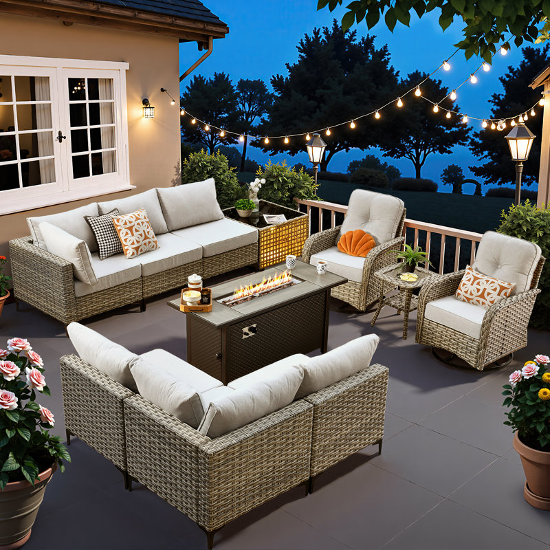 Daltry 11 Piece Outdoor Wicker Conversation Sets With Fire Pit Table and Coffee Table With built-in lights, Gray