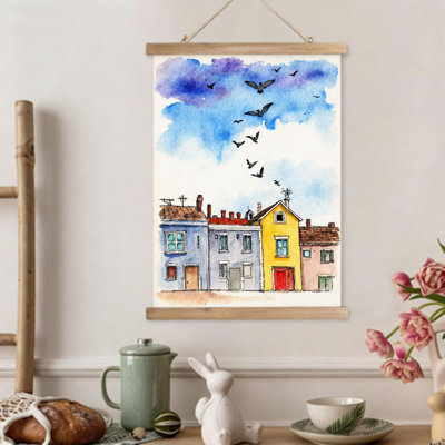 Maison de village et oiseaux, art mural à volutes suspendues, cintre en bois intégré, 16 x 24