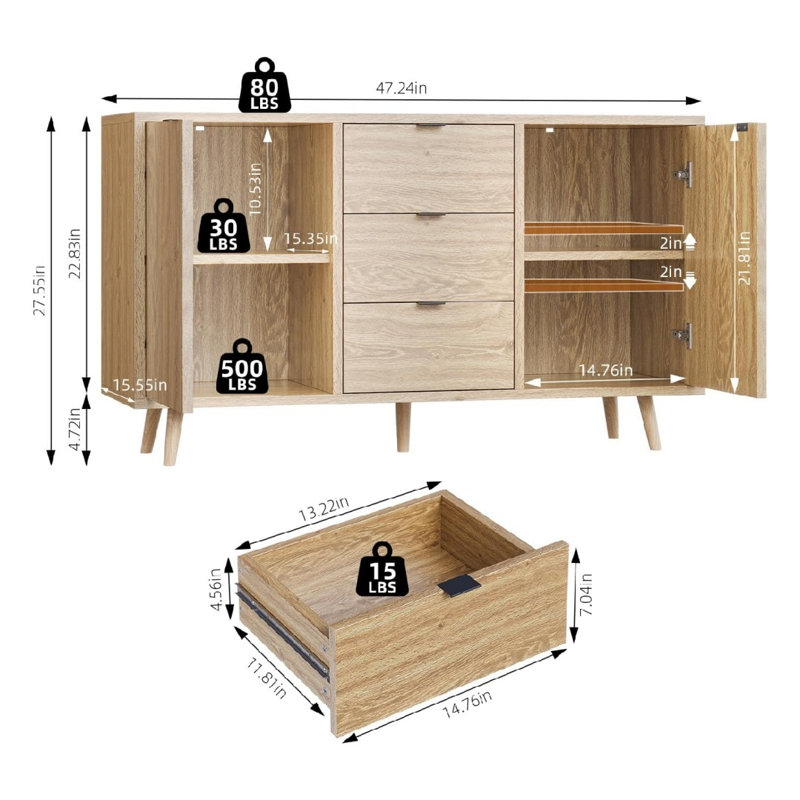 Buffet à 3 tiroirs et 2 portes, armoire de rangement d'appoint en chêne naturel