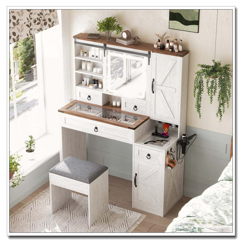 Farmhouse Vanity Desk With Sliding Mirror And Lights, Vanity Set With Glass Top And Charging Station ,Dressing Table With 4 Drawers And 2 Cabinets, Dressing Table With Stool For Bedroom
