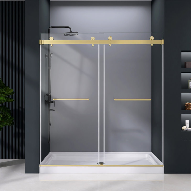 56-60" W x 76" H Double Sliding Frameless Shower Door with 5/16 in. Tempered Glass, Brushed Gold