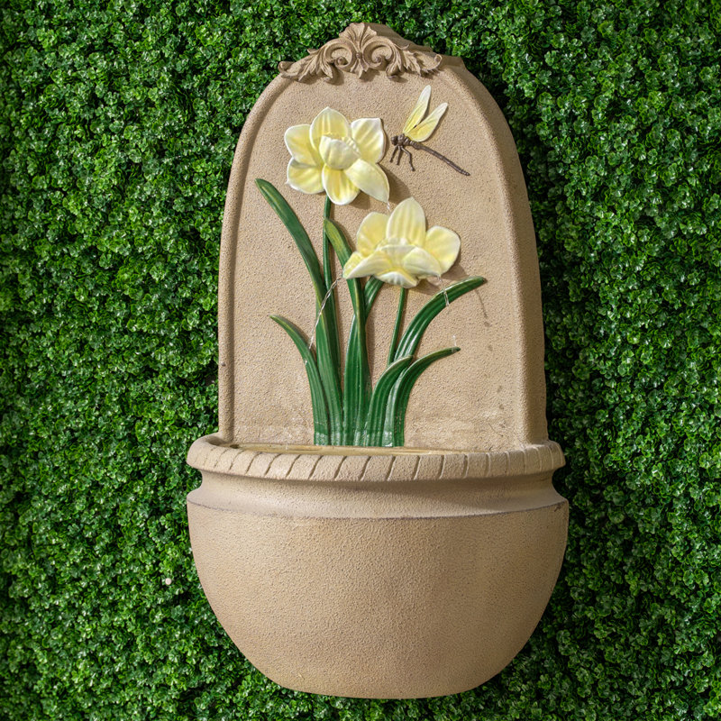 31" in H Outdoor Wall Water Fountain with Pump- Yellow Flower with Dragonfly Design with Mesh guard, Yellow