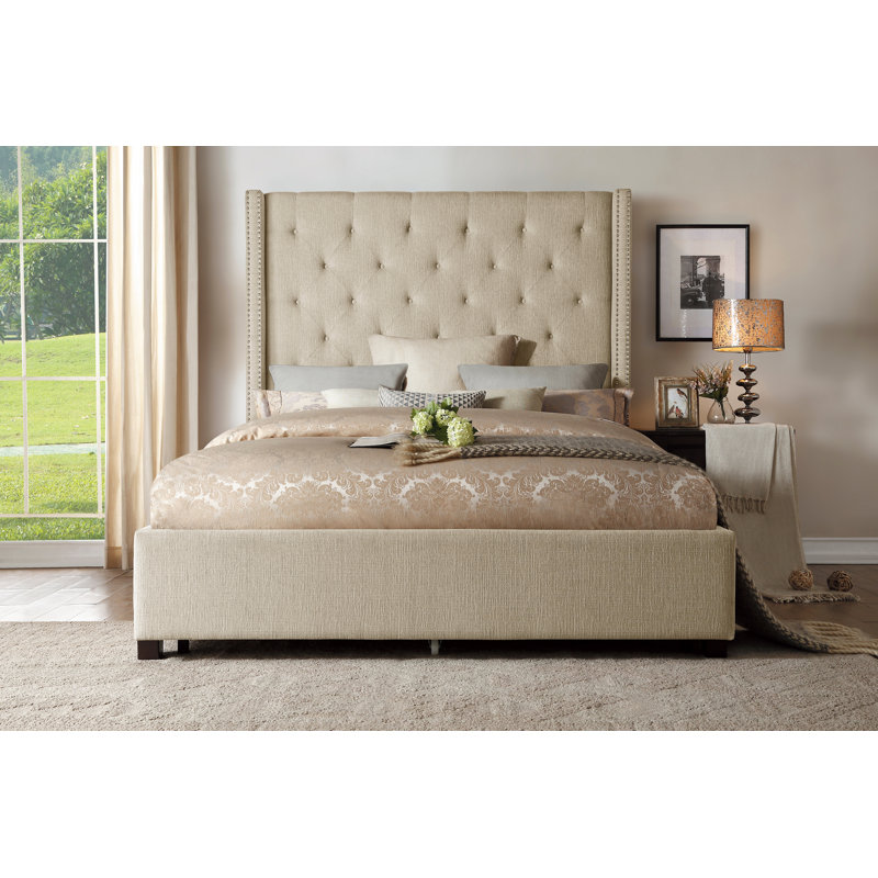 Lit plateforme tapissier Landreneau, Double, Beige