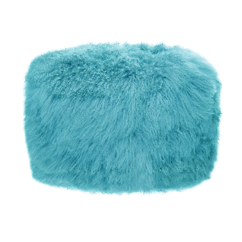 Round Tibetan Lamb Sheepskin Ottoman, Seafoam, 19" Diameter x 16" High