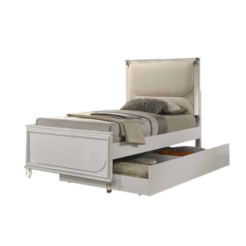 Lit double Dima, tête de lit tapissier avec DEL, blanc perle, pieds transparents, Complète