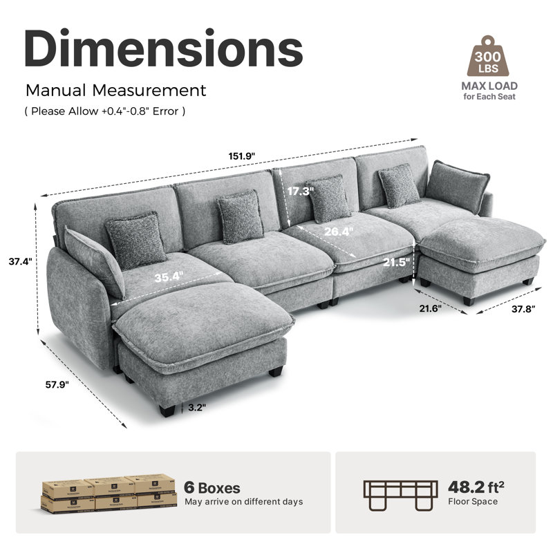 Oversized Modular Sectional Sofa, 4 Seat U shaped Cloud Sectional Couch with 2 Ottomans, Gray Fabric