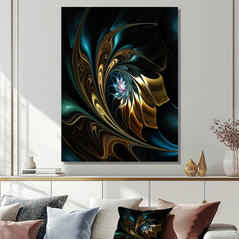 Fleur noire dorée moderne - art mural fleur fractale, impression avec fleur noire, H 32 po x l 16 po, Toile tendue