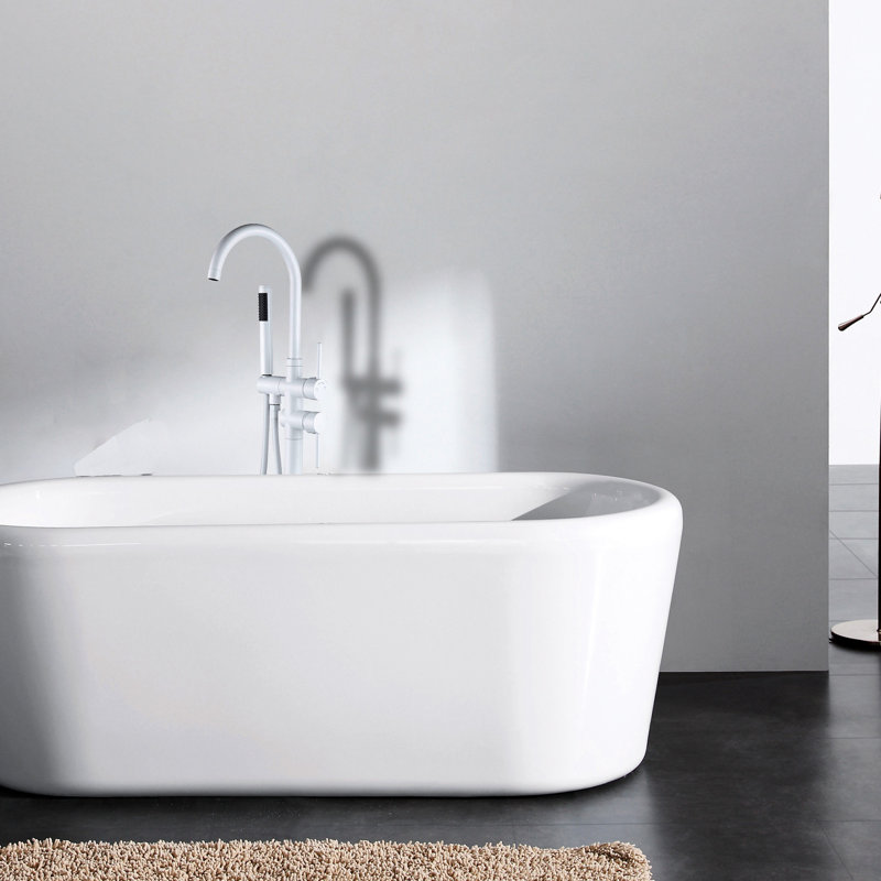 White Metal Freestanding Bathtub Faucet And Hand Shower. 46.59" Depth, 6.48" Width. Material, Corrosion. Full Coverage Spray For Soothing Bathroom. Transform Bathroom Decor With Shower In Metal. 46In