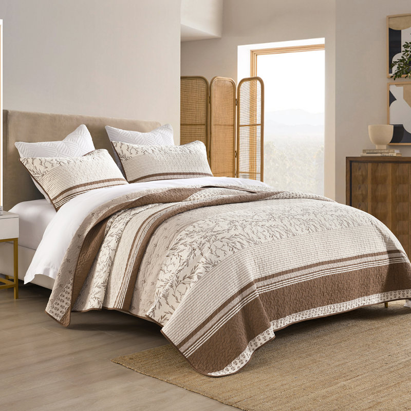 Cotton Quilted Striped Quilt, Queen, Brown/White Striped