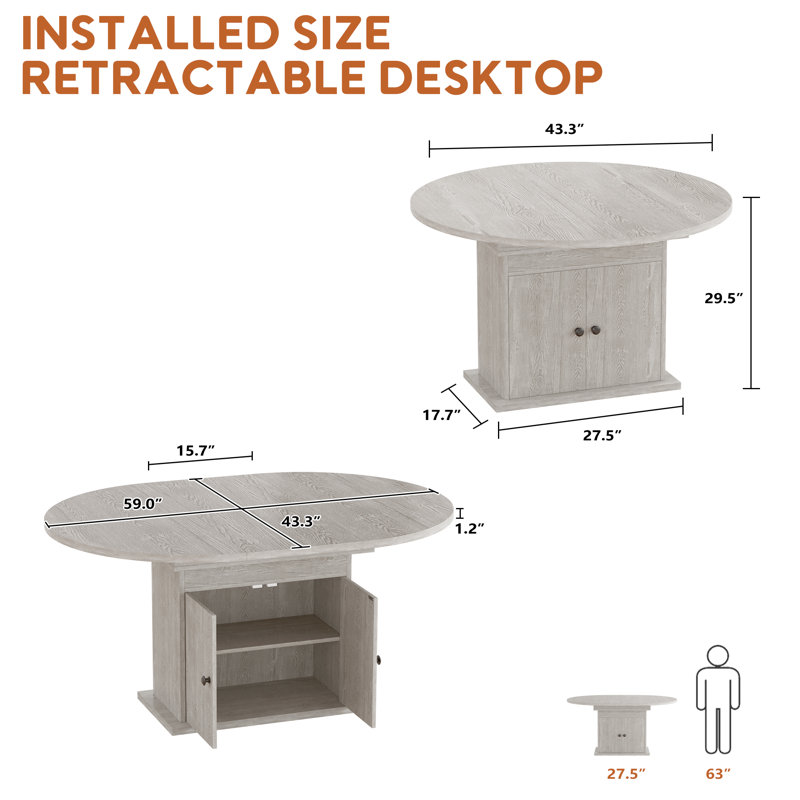 Table de salle à manger extensible en bois massif avec armoire de rangement - Sièges de table extensibles ronds à ovales 6-8, grain de noyer naturel, idéal pour la salle à manger et les petits appartements, gris