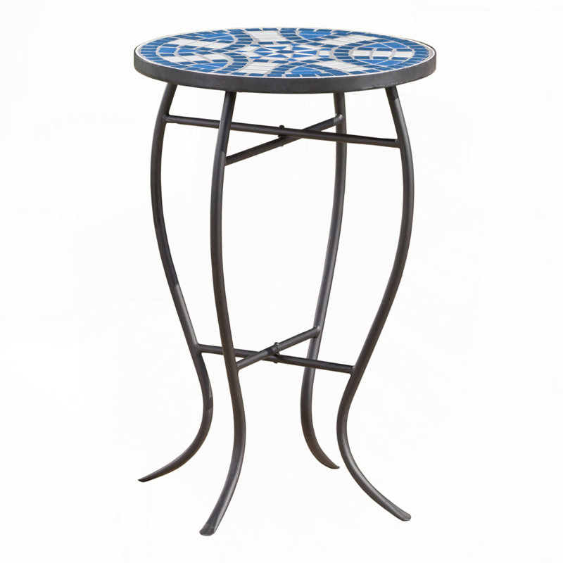Outdoor Round Tile Tabletop Side Table with Metal Frame