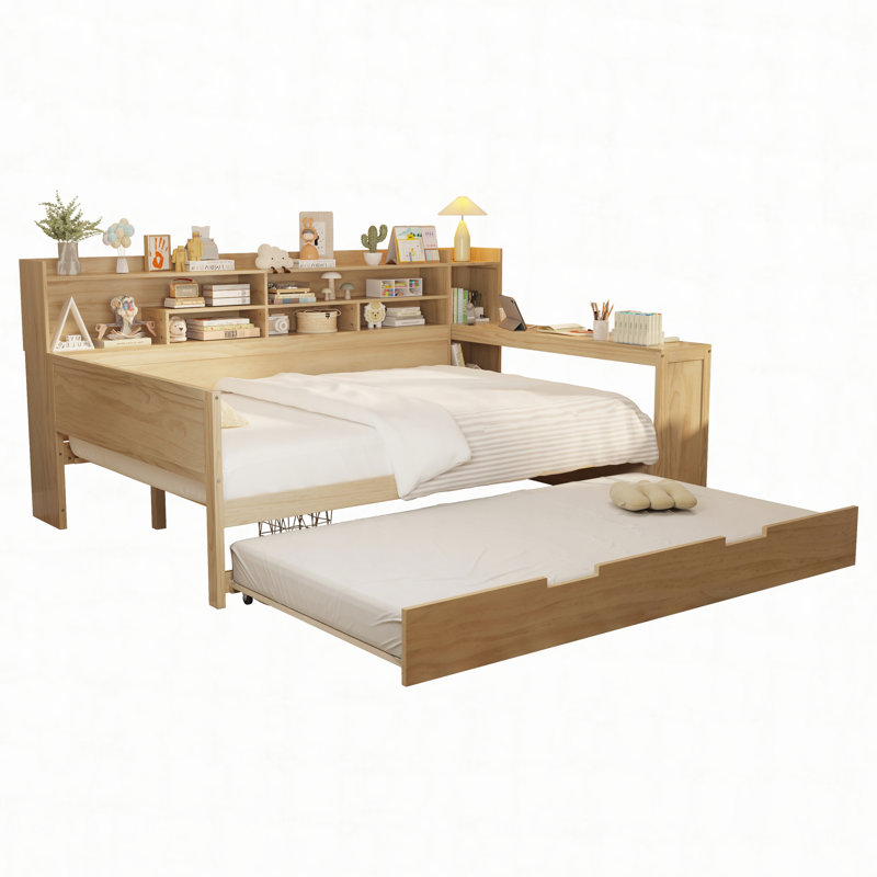 Wooden Daybed with Storage Shelves, Multi-functional Bed with Trundle Bed and Study Desk, Natural, Full / Double