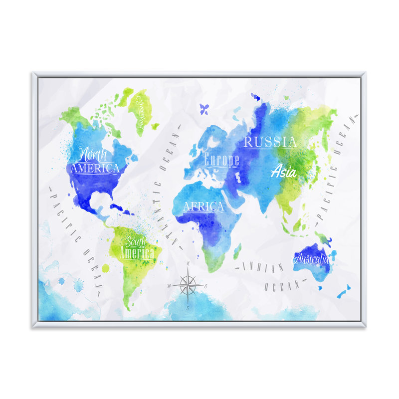 Carte du monde en vert et bleu - Impression sur toile, H 12 po x l 20 po x p 1 po, Cadre flottant blanc