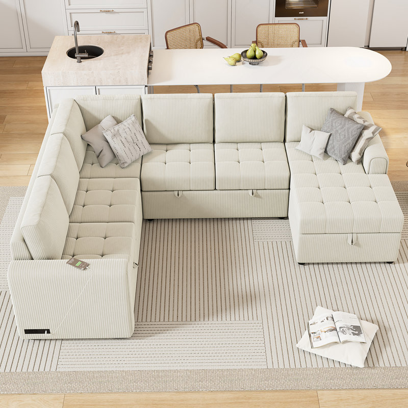 Canapé en velours côtelé avec accoudoirs carrés, Beige
