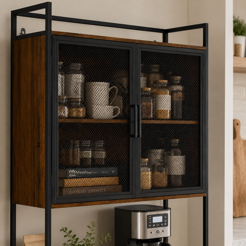 Garde-manger industriel 31,5 "avec tablette pour micro-ondes, portes grillagées, porte-serviettes en papier et tablettes de rangement ouvertes