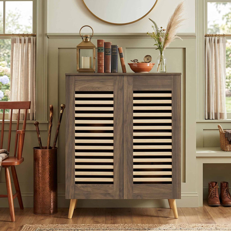 Freestanding Shoe Storage Cabinet, Breathable Louvered Doors & Adjustable Removable Shelves, Anti-Tip Design Suitable For Entryway