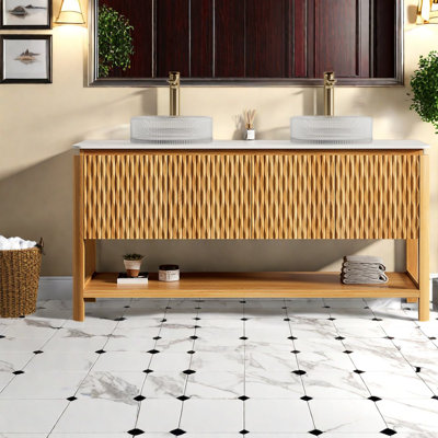 Meuble-lavabo double lavabo avec rangement, pierre frittée blanche de Carrare, style moderne imitation bois (doit inclure le meuble-lavabo et la vasque)