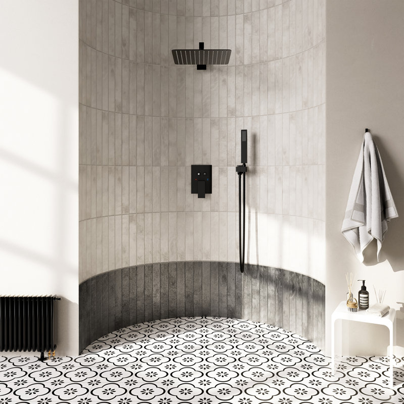 Système de douche mural de 12 pouces avec douchette et douchette, commande à bouton-poussoir, débit d'eau simultanément