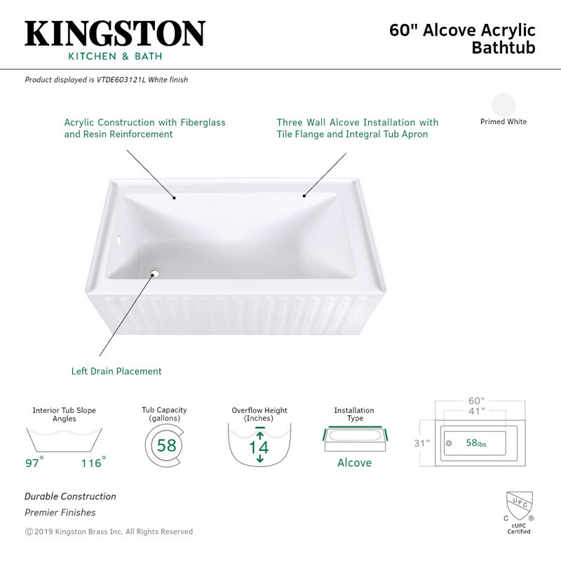 Kingston Brass Aqua Eden 60-Inch Acrylic Rectangular 3-Wall Alcove Tub, Drain Hole, Left