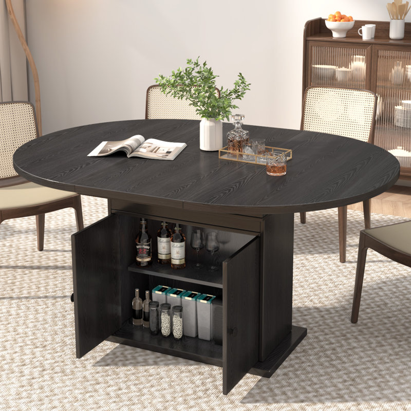 Table de salle à manger extensible en bois massif avec armoire de rangement - Sièges de table extensibles ronds à ovales 6-8, grain de noyer naturel, idéal pour la salle à manger et les petits appartements, noir