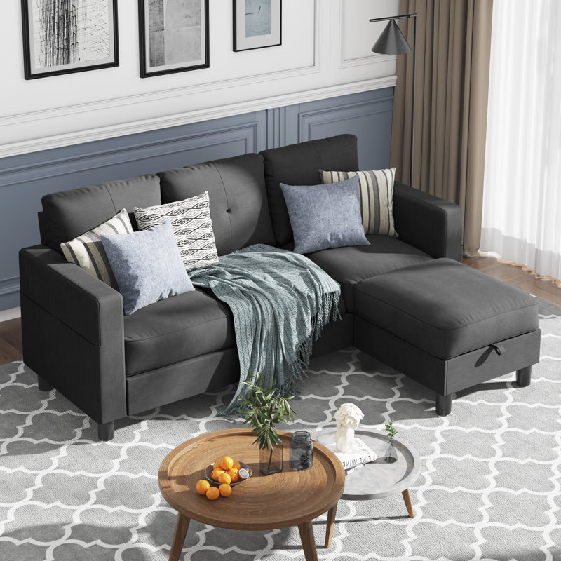  Degnan 76.4'' Upholstered Sofa Chaise, Black Cotton Blend
