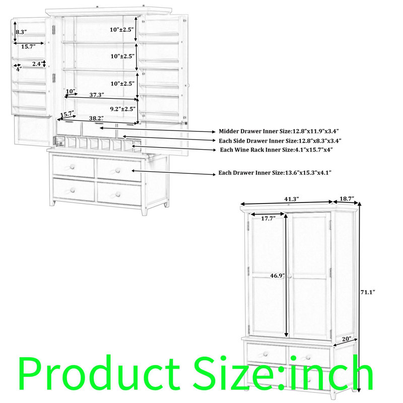 Garde-manger autoportant avec 8 tablettes de porte, 3 tablettes réglables, 7 tiroirs et 8 supports à vin, Gris