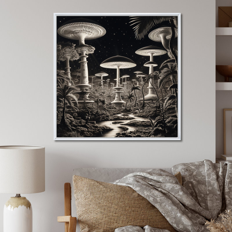 Champignons magiques énigmatiques en noir et blanc - imprimé, Cadre flottant blanc, 36" H x 36" W