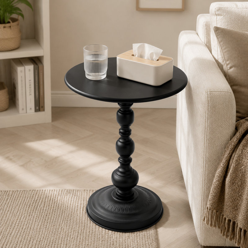 Table de bout à piédestal vintage en fer avec finition noir givré, table d'appoint rétro pour le salon, la chambre à coucher, le patio et les petits espaces