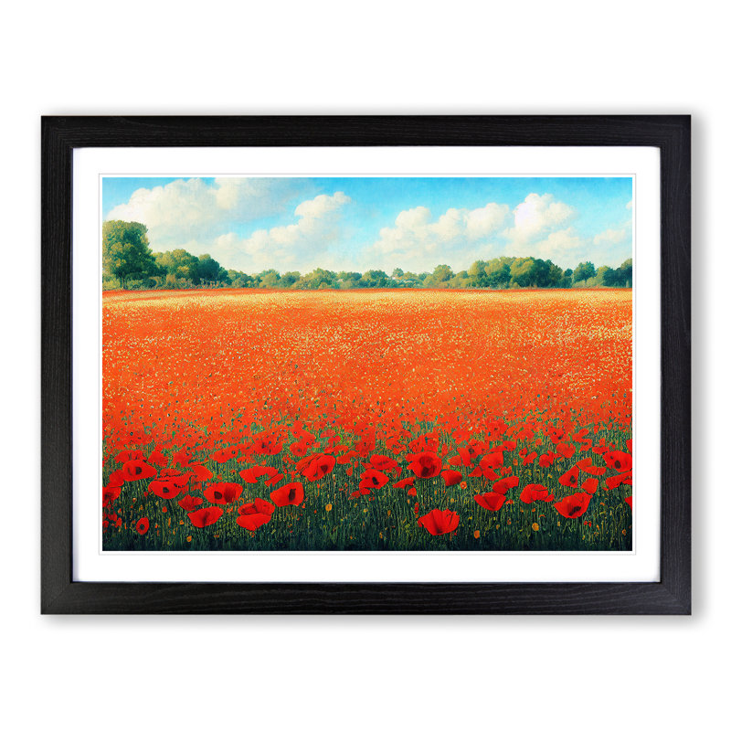 Exceptional Poppy Field Flowers - Single Picture Frame Painting, 34cm H x 46cm W x 2cm D, Black