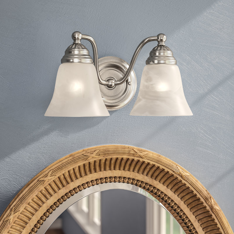 Moyer 2-Light 13 inch Wide Brushed Nickel Traditional Bathroom Vanity Lighting Fixture, White Alabaster Glass Shade, Dimmable, LED Compatible, Over the Mirror Mounted Steel Wall Sconce