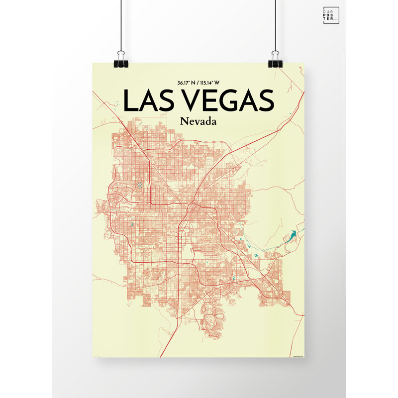 « las vegas city map », reproduction d’impression sur affiche en tricolore, H 24 po x l 18 po