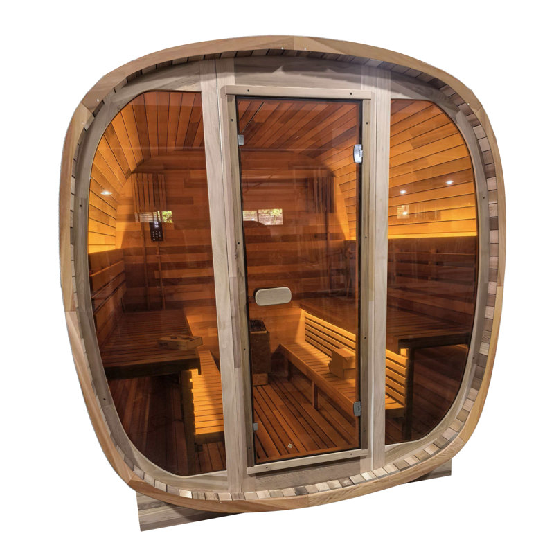 4-6 Person Brown Tinted Glass Panel And Red Cedar Outdoor Square Traditional Steam Sauna, Solid Wood Sauna Outdoor Use For Patio, Garden, Backyard