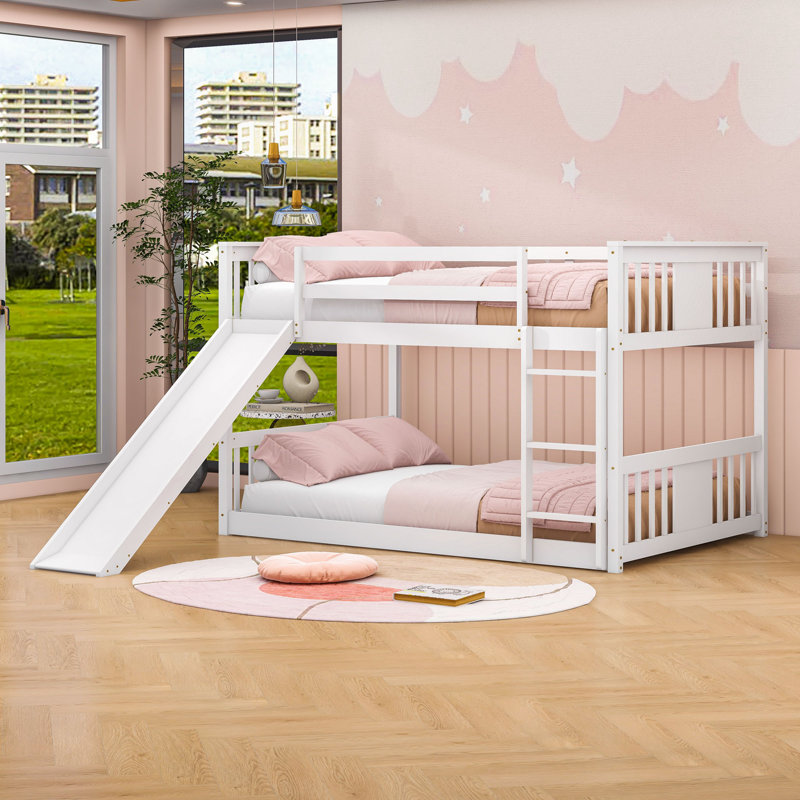 Fanshuai Full Over Full Wood Bunk Bed,Bunk Bed with Ladder and Slide, White