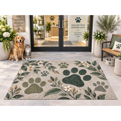 5' x 7' Outdoor Area Rug Botanical Paw Print Garden Heavyweight Solid Waterproof PVC Coil Loop Carpet, Patio Rug, Quick Dry Outdoor Mat for Large Doormat Porch Deck Entryway Pet Supply & Grooming Salons 